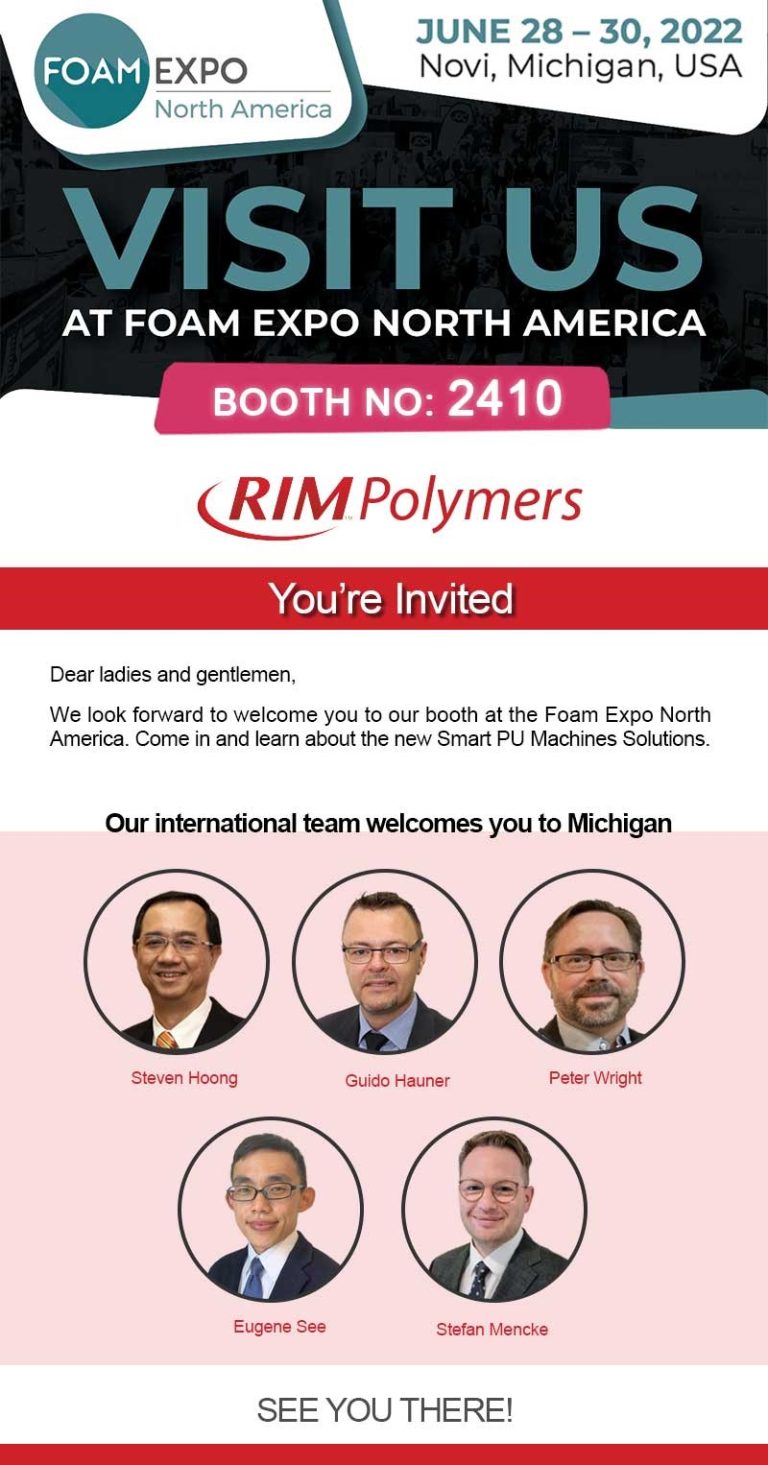 RIM Polymers is proud to be exhibiting in the upcoming Foam Expo North America from 28 June to 30 June 2022